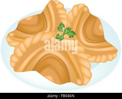 Spuntino tailandese, illustrazione vettoriale di fresco Curry casalingo bignè riempiti con carne, patate e Curry in un piatto isolato su bianco Illustrazione Vettoriale