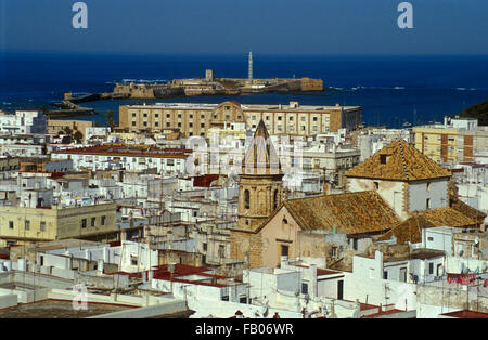 Skyline.Panoramica di cadiz.La chiesa di San Lorenzo. In basso a San Sebastian il castello.Cádiz, Andalucía, Spagna Foto Stock