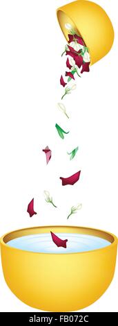 Songkran Festival, illustrazione vettoriale di Bella Corolla di rose e gelsomini che rientrano in una ciotola dorata in Festiv tradizionali Illustrazione Vettoriale