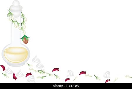 Illustrazione Vettoriale della bottiglia di olio essenziale o profumo con morbide preparate Chalk e gelsomino Garland per il Songkran Festival sul Illustrazione Vettoriale