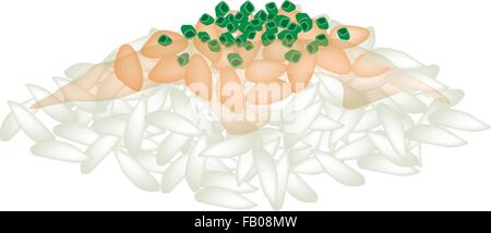 Illustrazione di Natto miscelato con cipollina sul riso bollito, un piatto Giapponese realizzato memorizzando al vapore fagioli di soia fermentati nel settore del riso Illustrazione Vettoriale