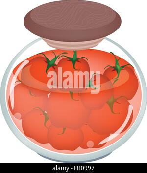 Vegetali, illustrazione di decapare pomodori rossi o conserve di pomodori rossi in salamoia di aceto, zucchero e sale in un barattolo di vetro. Illustrazione Vettoriale