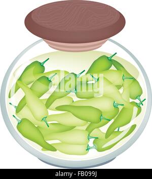Illustrazione di una deliziosa decapato verde peperone dolce in aceto, zucchero, sale e la salsa in un vasetto di vetro isolato sul retro bianco Illustrazione Vettoriale
