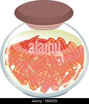 Illustrazione di una deliziosa decapati metà Paprikas in aceto, zucchero, sale e la salsa in un vasetto di vetro isolato su bianco Backgroun Illustrazione Vettoriale