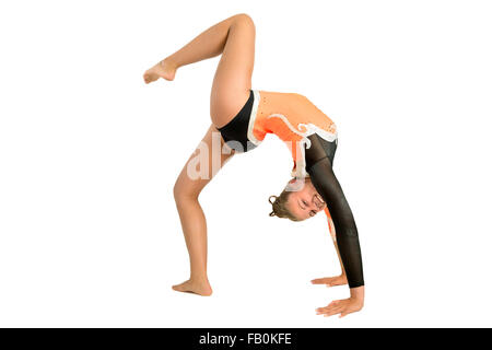 Ragazza adolescente in tuta da ginnastica isolato in bianco Foto Stock