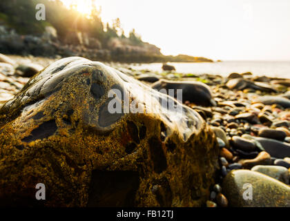 Rocce e ciottoli sulla spiaggia al tramonto Foto Stock