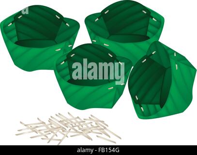 Tradizionale Tailandese, gruppo del contenitore per alimenti realizzati dalla foglia di banano o Krathong isolato su uno sfondo bianco. Illustrazione Vettoriale