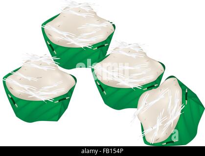 Thai dessert tradizionale, il mucchio di Kanom Gluay o Banana Budino ricavato dalla noce di cocco, Banana, farina e zucchero in Banana Leaf Contai Illustrazione Vettoriale