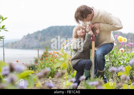 Uomo maturo e figlio di scavo giardino organico, Orust, Svezia Foto Stock