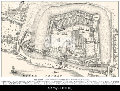 Torre di Londra, Sua Maestà il Palazzo Reale e la fortezza, il castello storico sulla sponda nord del fiume Tamigi, 1597 Foto Stock