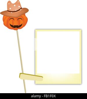 Illustrazione di un Happy Jack-o-Lantern zucca indossando un marrone cappello da cowboy bianco con le stampe fotografiche istantanee Sony, per celebra Halloween Illustrazione Vettoriale