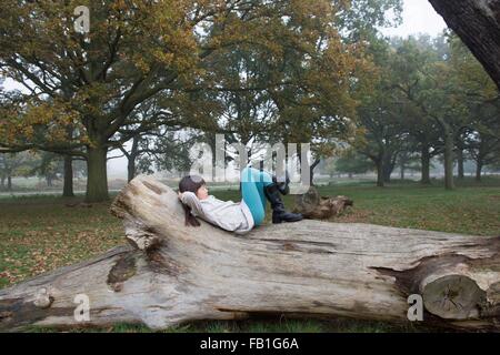 Giovane ragazza rilassante sul ceppo di albero nella foresta Foto Stock