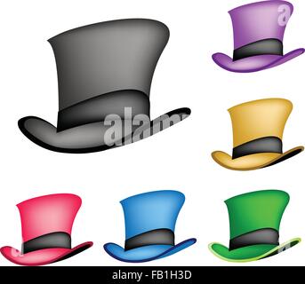 Una illustrazione delle collezioni di sei colori di Classic Top Hat o Magic Hat isolato su uno sfondo bianco. Illustrazione Vettoriale