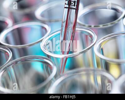 Angolo di alta vista ritagliata della pipetta graduata liquido di pipettaggio in tubi di prova Foto Stock