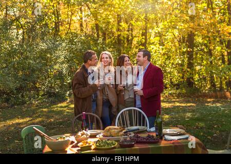 Due coppie mature chat a giardino dinner party Foto Stock