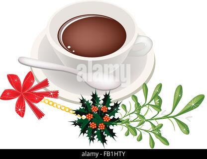 Una fumatori Caffè caldo con un bel mazzo di vischio o Viscum album decorato con foglie di agrifoglio e di Natale nastro rosso per C Illustrazione Vettoriale