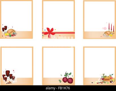Raccolta di sei Blank Foto istantanea stampe o fotocamera istantanea con la tradizionale cena di Natale di il tacchino arrosto, frutti e rosso Illustrazione Vettoriale