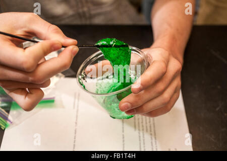 Una miscela di alcol polivinilico e borato di potassio con verdura verde colore aggiunto i risultati in un colorato polimero reticolato slime esemplificativo di un legame idrogeno. Foto Stock