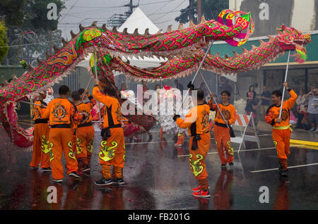 Anno Nuovo Cinese Drago e Leone danza eseguita a shopping centre in caso di pioggia. Foto Stock