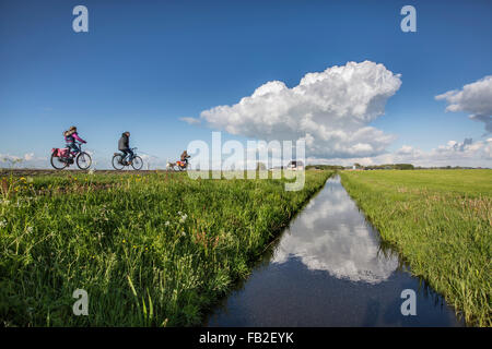 Paesi Bassi, Lichtaard, Padre porta due figlie a scuola con la bicicletta. Paesaggio di Polder Foto Stock