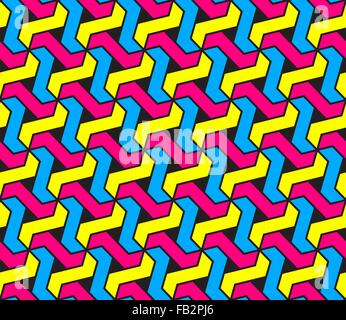 Vettore geometrica perfetta Ciano Magenta e Giallo colori tassellazione esagonale Pattern su sfondo nero Illustrazione Vettoriale