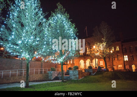 Dudley Casa Consiglio illuminata di notte e di una fila di alberi in Priory Park con le luci di Natale a decorarle Foto Stock