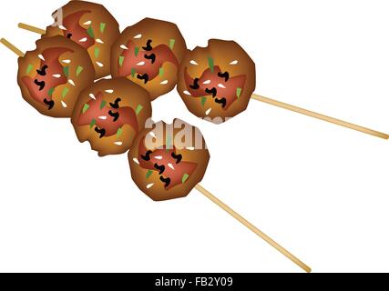 La cucina giapponese, illustrazione di Tsukune Yakitori o giapponese polpette di pollo con salsa di soia e semi di sesamo. Illustrazione Vettoriale