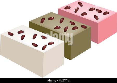 Tradizionale Giapponese, Dessert Uiro Mochi o barra di cotto a vapore torta fatta di farina di riso e la glassa di zucchero con fagioli rossi isolato su W Illustrazione Vettoriale