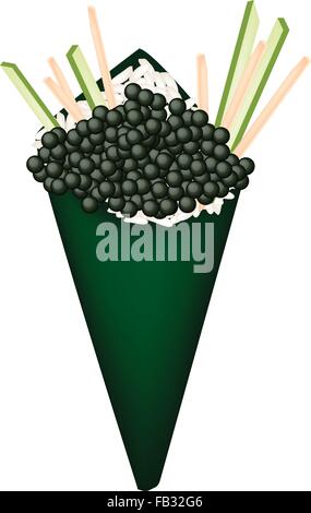 La cucina giapponese, illustrazione del Nero delizioso sushi Tobiko con julienne di cetriolo e carota nel Temaki Sushi, il cono di sushi o Illustrazione Vettoriale