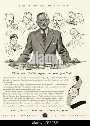 Vintage originale annuncio da anni cinquanta. La pubblicità dal 1953 pubblicità orologiai della Svizzera. Foto Stock