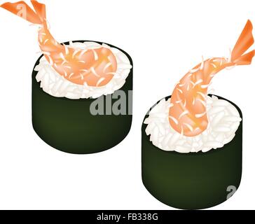 La cucina giapponese, illustrazione di fresco Ebi Tempura Makizushi o fritte gamberetti rotolo di Sushi isolati su sfondo bianco. Illustrazione Vettoriale