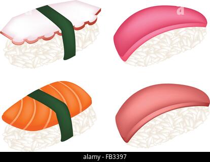 La cucina giapponese, illustrazione di salmone fresco Sushi, Maguro Sushi, Sushi di tonno e Tako Nigiri isolati su sfondo bianco. Illustrazione Vettoriale