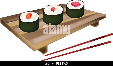 La cucina giapponese, illustrazione di tonno fresco Sushi Roll, Maguro Makizushi e il salmone e il Sushi Norimaki Geta piastra con Chopstic Illustrazione Vettoriale