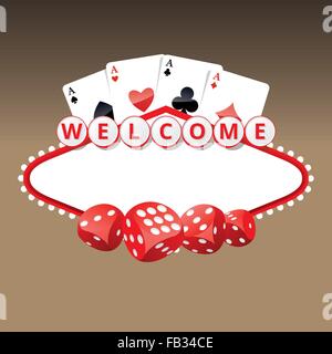 Segno di benvenuto con quattro assi di carte e gioco dadi Illustrazione Vettoriale