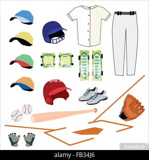 Illustrazione Collezione di Baseball degli accessori e attrezzature, bat, palla, protezioni ginocchia, scarpe, guanti, cappuccio e uniforme. Illustrazione Vettoriale