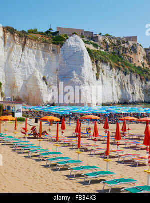 Pizzomunno a 25 metro alto monolito di pietra calcarea, Scialara beach, Vieste e Gargano, provincia di Foggia, Puglia, Italia, Europa Foto Stock