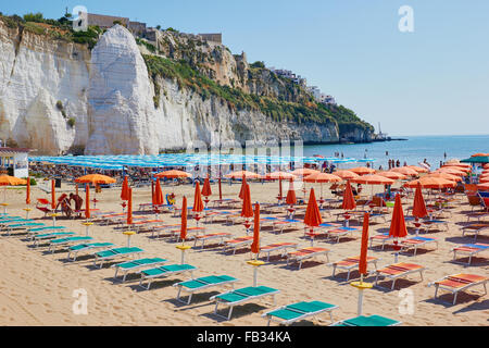 Pizzomunno a 25 metro alto monolito di pietra calcarea, Scialara beach, Vieste e Gargano, provincia di Foggia, Puglia, Italia, Europa Foto Stock