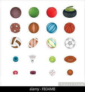 Illustrazione Set di 20 Sport assortiti di sfere e articoli sportivi isolato su uno sfondo bianco. Illustrazione Vettoriale