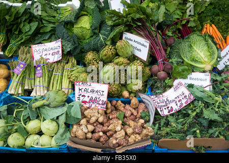 Misto di verdure fresche per la vendita su un mercato in stallo nel Regno Unito Foto Stock