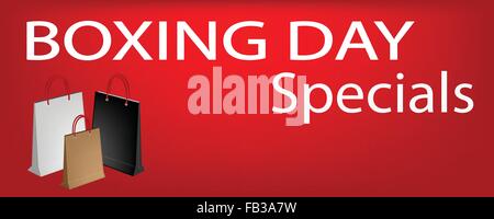 Boxing Day Special sul banner rosso con carta Shopping Bags, segno per iniziare lo shopping natalizio stagione. Illustrazione Vettoriale