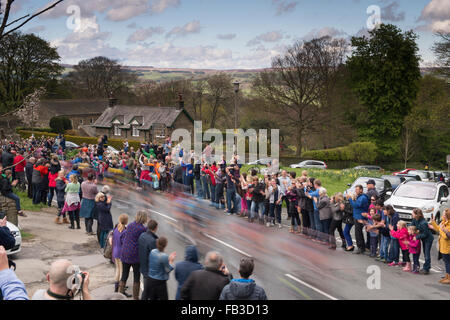 I ciclisti competere nel Tour de Yorkshire gara (2015) pass tifo, battimani folle come essi velocità attraverso Burley Woodhead. Inghilterra, GB, UK. Foto Stock