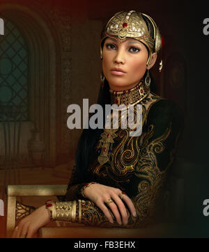 Computer grafica 3D di una fantasia ritratto di una giovane donna con antichi gioielli orientali e abbigliamento Foto Stock