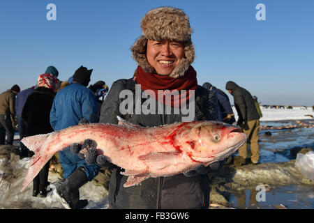 (160109) -- SONGYUAN, gen. 9, 2016 (Xinhua) -- Un turista può contenere un grande pesce sul lago Chagan in città Songyuan, a nord-est della Cina di provincia di Jilin, 8 gennaio, 2016. Lago Chagan, che è noto per le tradizionali attività di pesca invernale che risale ai tempi preistorici, è l'unico posto che salva il mongolo più antico metodo di pesca. Durante l'inverno annuale Pesca Festival che si tiene a ricordare il vecchio inverno tradizione della pesca, i pescatori prima praticare molti fori attraverso l'uno spesso strato di ghiaccio e poi posto un netto sotto il ghiaccio. La rete potrà finalmente tirato fuori da un cavallo-verricello di disegno. Il lago di impostare un Guinness Foto Stock