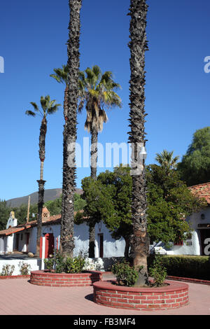 Giganteschi alberi di palma di fronte a San Antonio de Pala missione in California Foto Stock