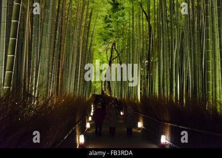 Vista notturna illuminata di foreste di bambù dietro il tempio di Tenryuji in Arashiyama durante Hanatoro, Kyoto, Giappone Foto Stock