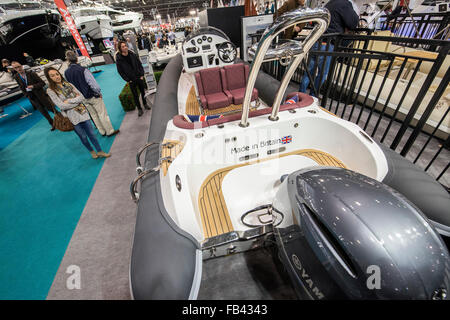 Londra, Regno Unito. 8 gennaio, 2016. British realizzate nervature sulla nervatura Eye stand - London Boat Show si apre al centro Ecel a Londra. Credito: Guy Bell/Alamy Live News Foto Stock