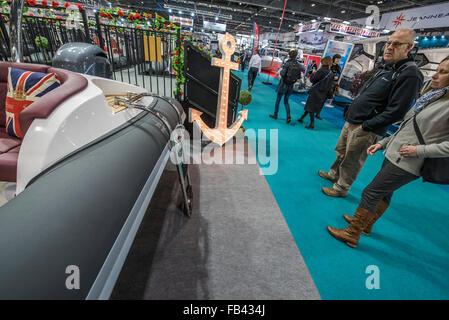 Londra, Regno Unito. 8 gennaio, 2016. British realizzate nervature sulla nervatura Eye stand - London Boat Show si apre al centro Ecel a Londra. Credito: Guy Bell/Alamy Live News Foto Stock