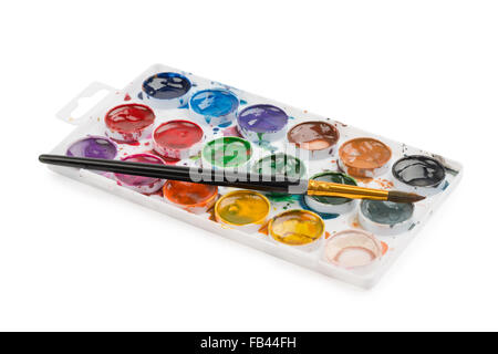 Vernici ad acquerello nella tavolozza con la spazzola per il disegno Foto Stock