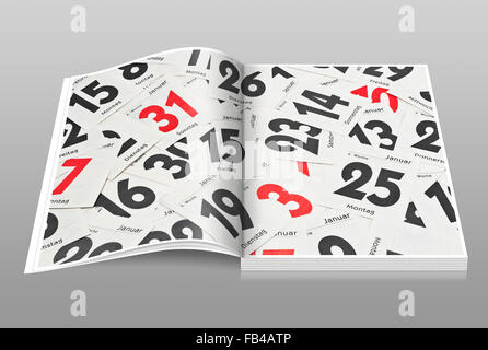 Molti fogli data da una pagina di un calendario giorno giacciono affiancati Foto Stock