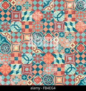 Orientale tradizionale Mosaico pattern seamless sfondo, patchwork design con texture grunge. Ornamentali elementi geometrici. Illustrazione Vettoriale